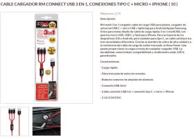 Pool Line 2170 - CABLE CARGADOR RM CONNECT USB 3 EN 1, CONEXIONES TIPO C + MI